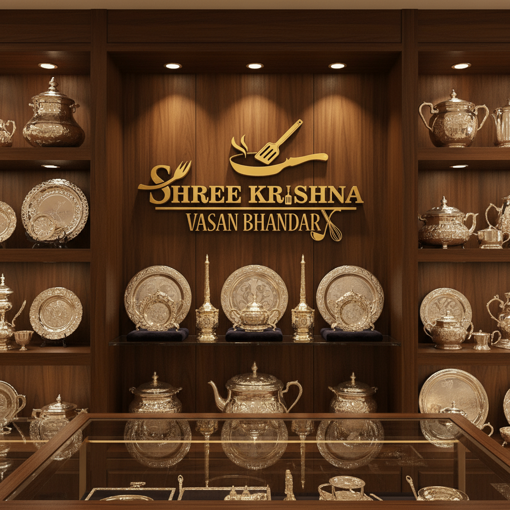 Display of Shree Krishna Vasan Bhandar products in a store setting with wooden shelves and logo.